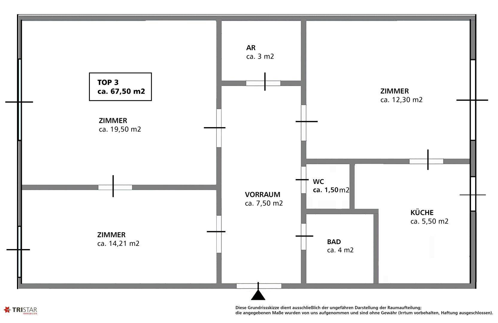 Grundriss der Wohnung mit mehreren Zimmern, Vorraum, Bad und separatem WC.