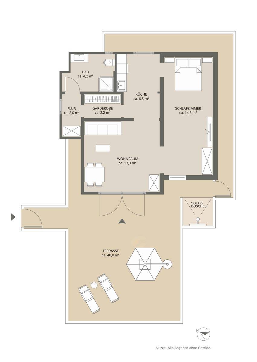 Grundriss der Wohnung mit Wohnraum, Küche, Schlafzimmer, Bad und großer Terrasse.
