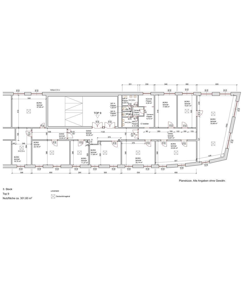 Grundriss des 3. Stocks mit mehreren Büroräumen, Gängen und Sanitärbereichen, ca. 301,60 m² Nutzfläche.