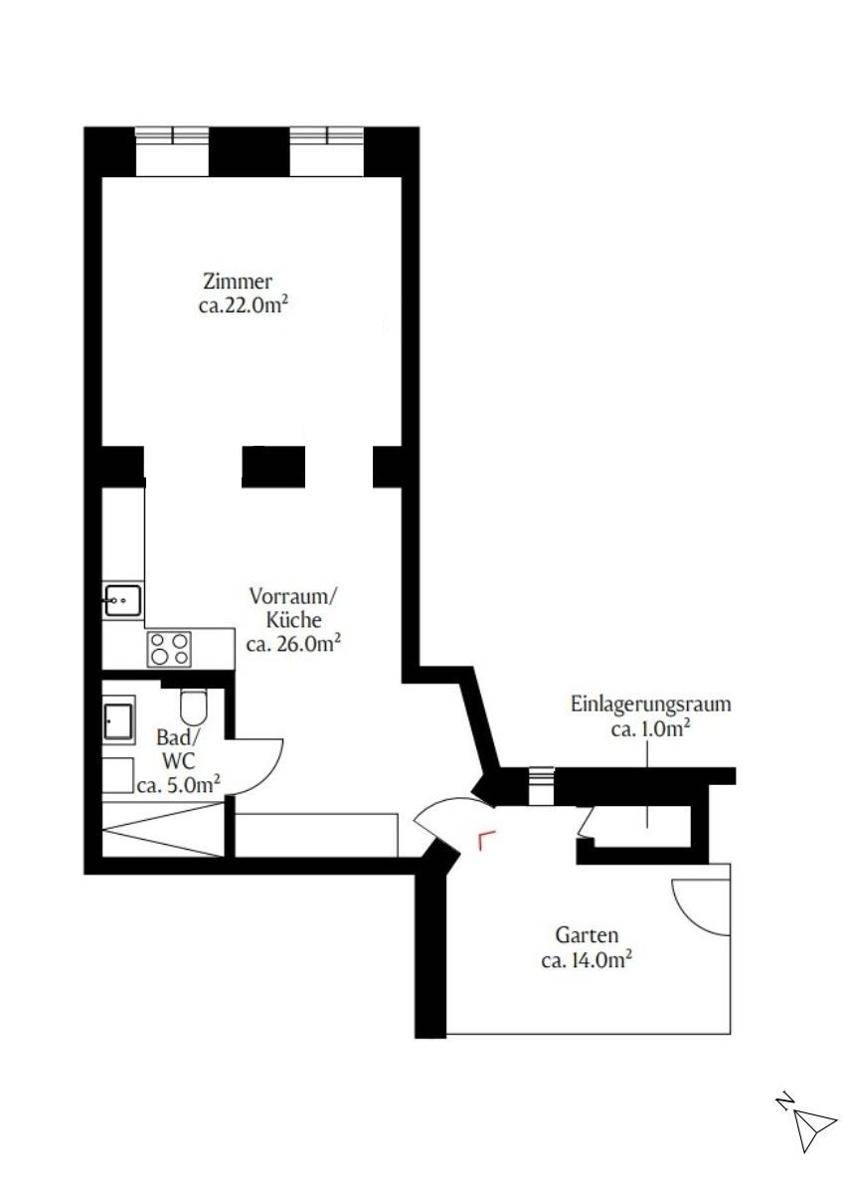 Grundriss zeigt eine Wohnung mit Zimmer, Vorraum/Küche, Bad/WC und Zugang zu Garten und Einlagerungsraum.