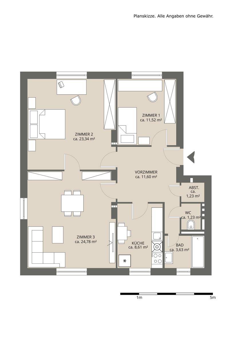 Detaillierter Grundriss einer Wohnung mit drei Zimmern, Bad und separatem WC.