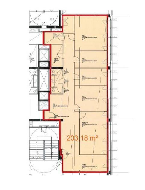 Grundrissplan einer Gewerbefläche von 203,18 m² mit mehreren Büroräumen und einem langen Flur, inklusive Treppenhaus.