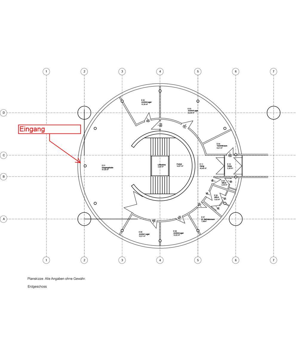 Grundriss des Erdgeschosses mit kreisförmigem Layout und Eingangsbereich.