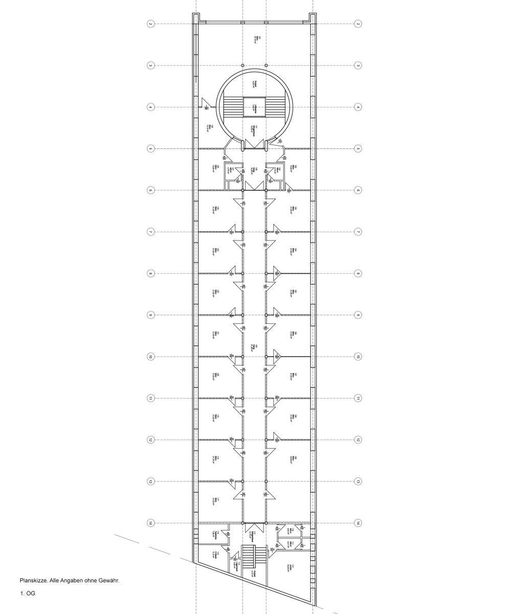 Grundriss des ersten Obergeschosses mit langer, schmaler Anordnung und vielen Räumen.