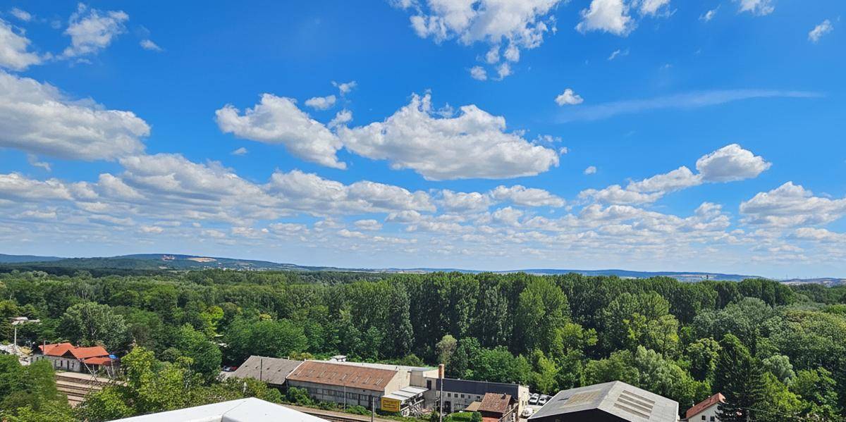 Weitläufiger Panoramablick über grüne Wälder und eine hügelige Landschaft unter einem strahlend blauen Himmel.