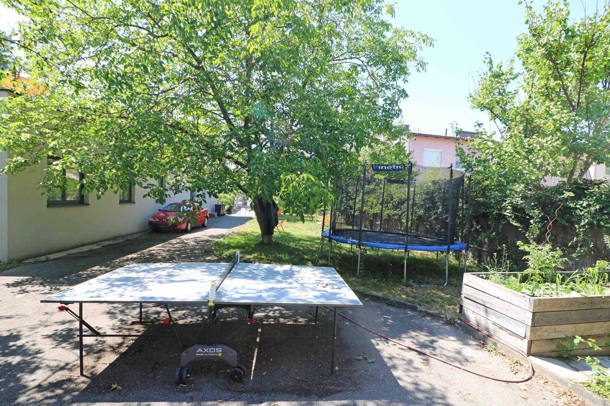 Gartenbereich mit einem großen Baum, einer Tischtennisplatte und einem Trampolin, ideal für Freizeitaktivitäten.
