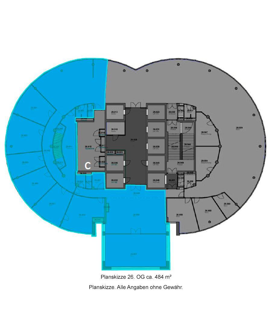 Grundriss einer Büroetage mit runder Form und markiertem Mietbereich von 484 m².