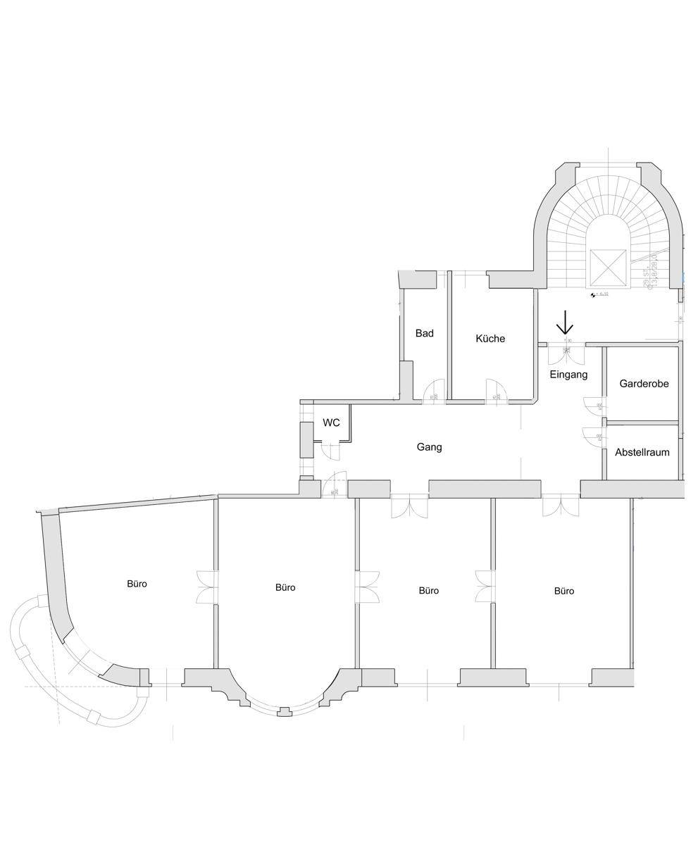 Grundrissplan einer Etage mit mehreren Büroräumen, Küche, Bad und WC, sowie einem Eingangsbereich.