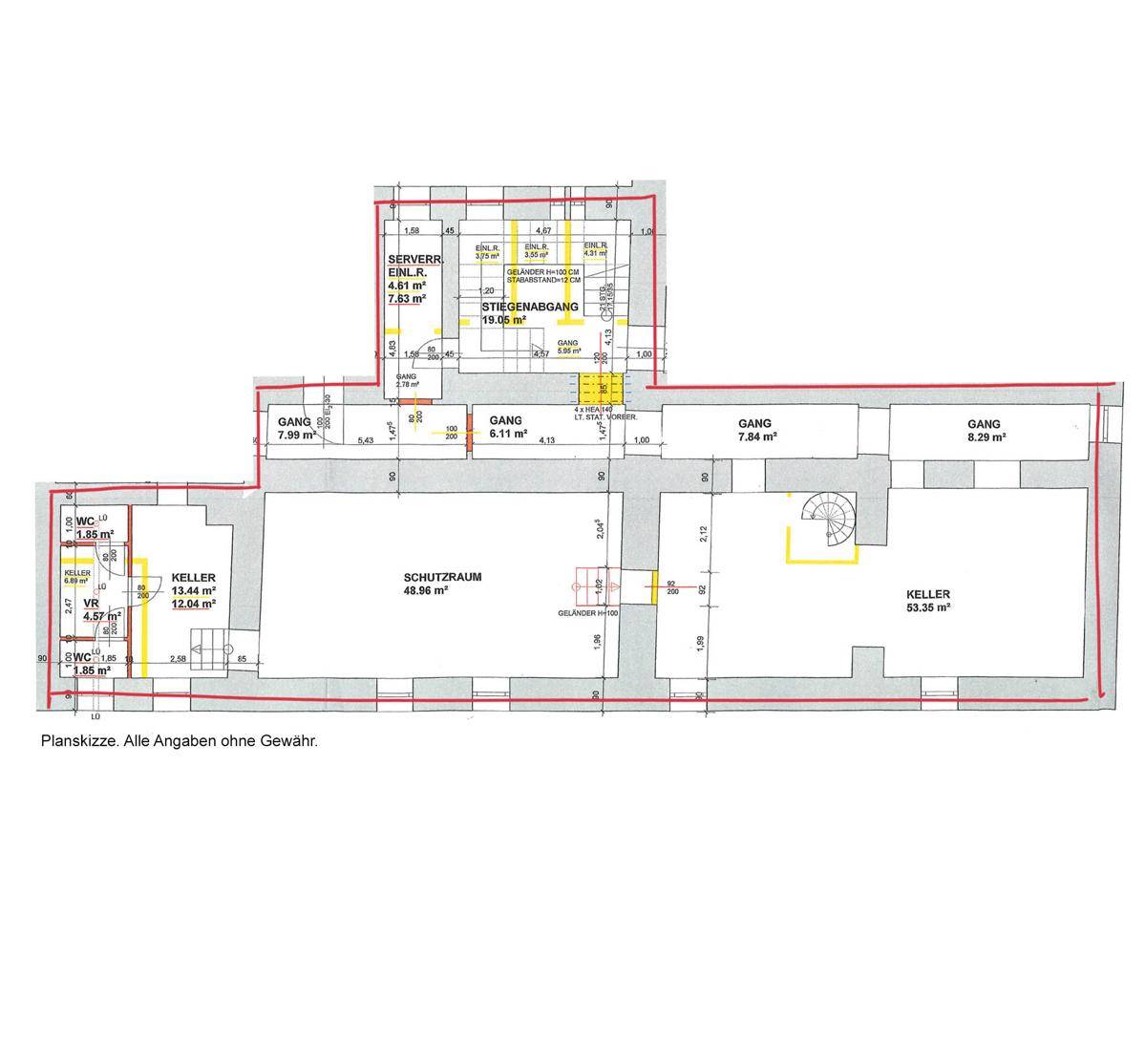 Grundriss des Untergeschosses mit Kellerräumen, Schutzraum und Gängen, übersichtlich dargestellt.