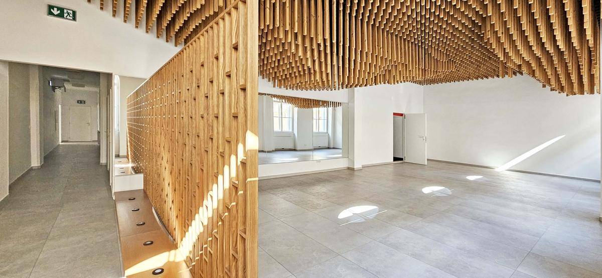 Moderner Flur mit Holzlamellenwand und Blick in einen hellen, geräumigen Studiobereich mit Tageslicht.