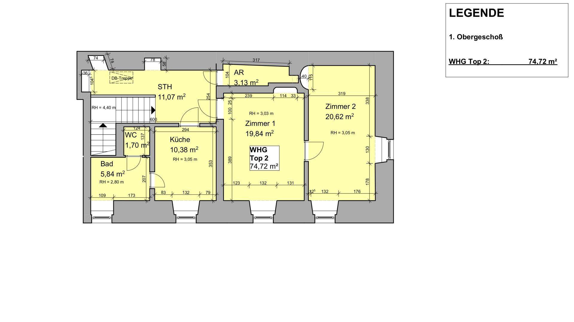 Grundriss des 1. Obergeschosses mit Küche, zwei Zimmern, Bad, WC und Abstellraum.