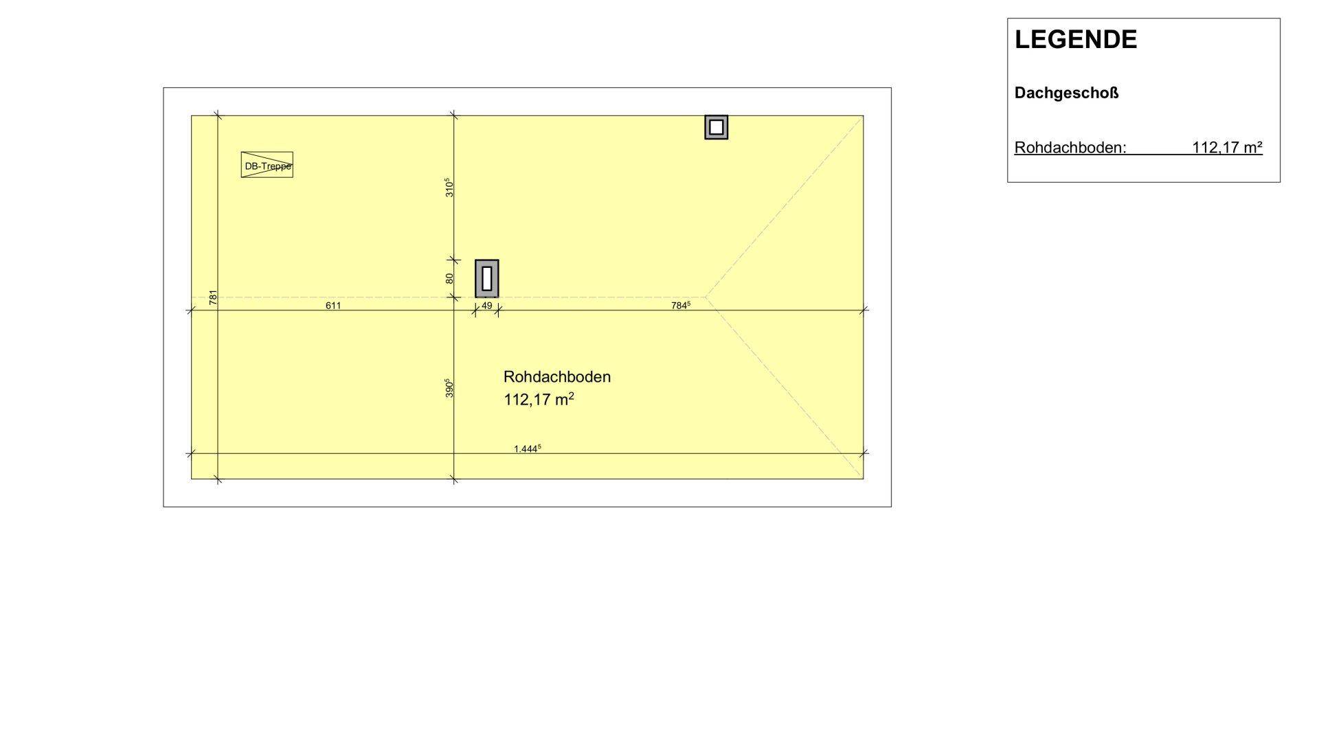 Grundriss des Dachgeschosses, der einen Rohdachboden von 112,17 m² zeigt.