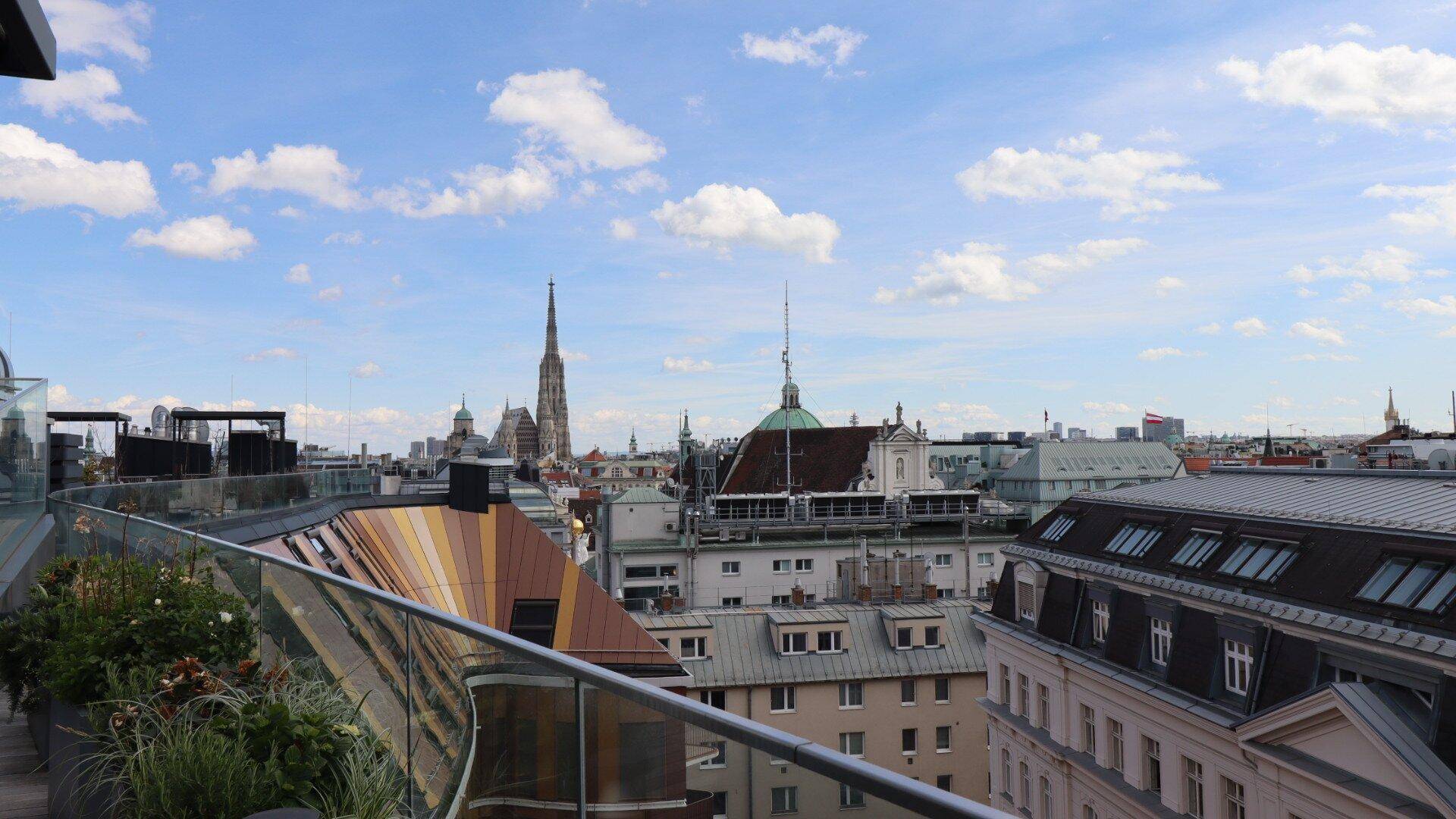 Panoramablick über die Stadt Wien mit historischen Gebäuden und Kirchtürmen.