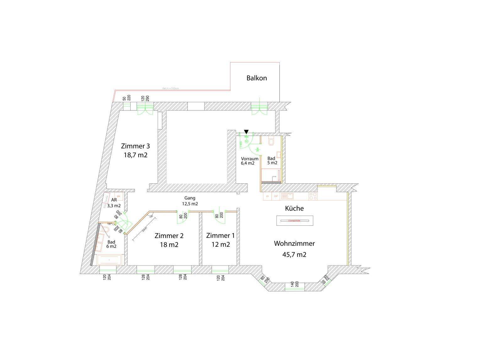 Grundrissplan einer Wohnung mit mehreren Zimmern, Küche, Bad und Balkon.