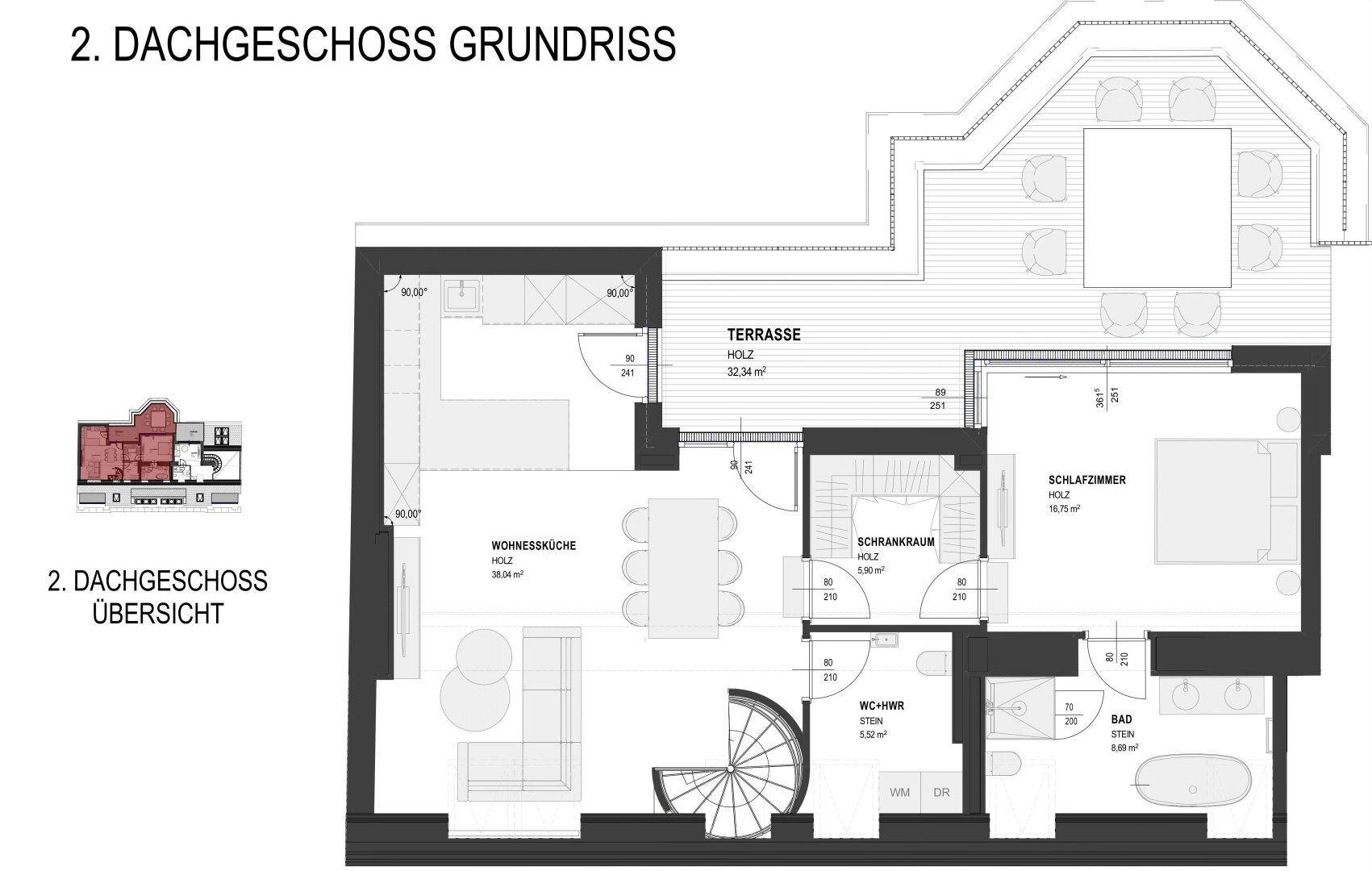 Grundriss des zweiten Dachgeschosses mit offener Wohnküche, Schlafzimmer, Bad und großer Terrasse.