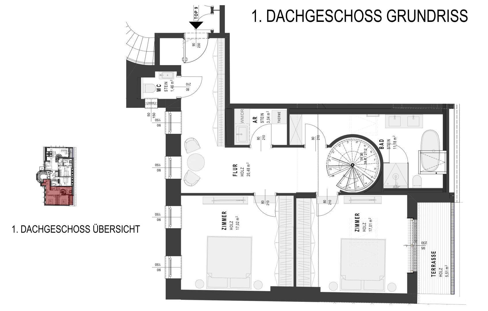 Grundriss des ersten Dachgeschosses mit zwei Zimmern, zwei Bädern, Terrasse und Wendeltreppe.