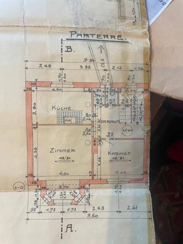 Historischer Grundriss des Erdgeschosses mit Küche, Zimmer und Kabinett.