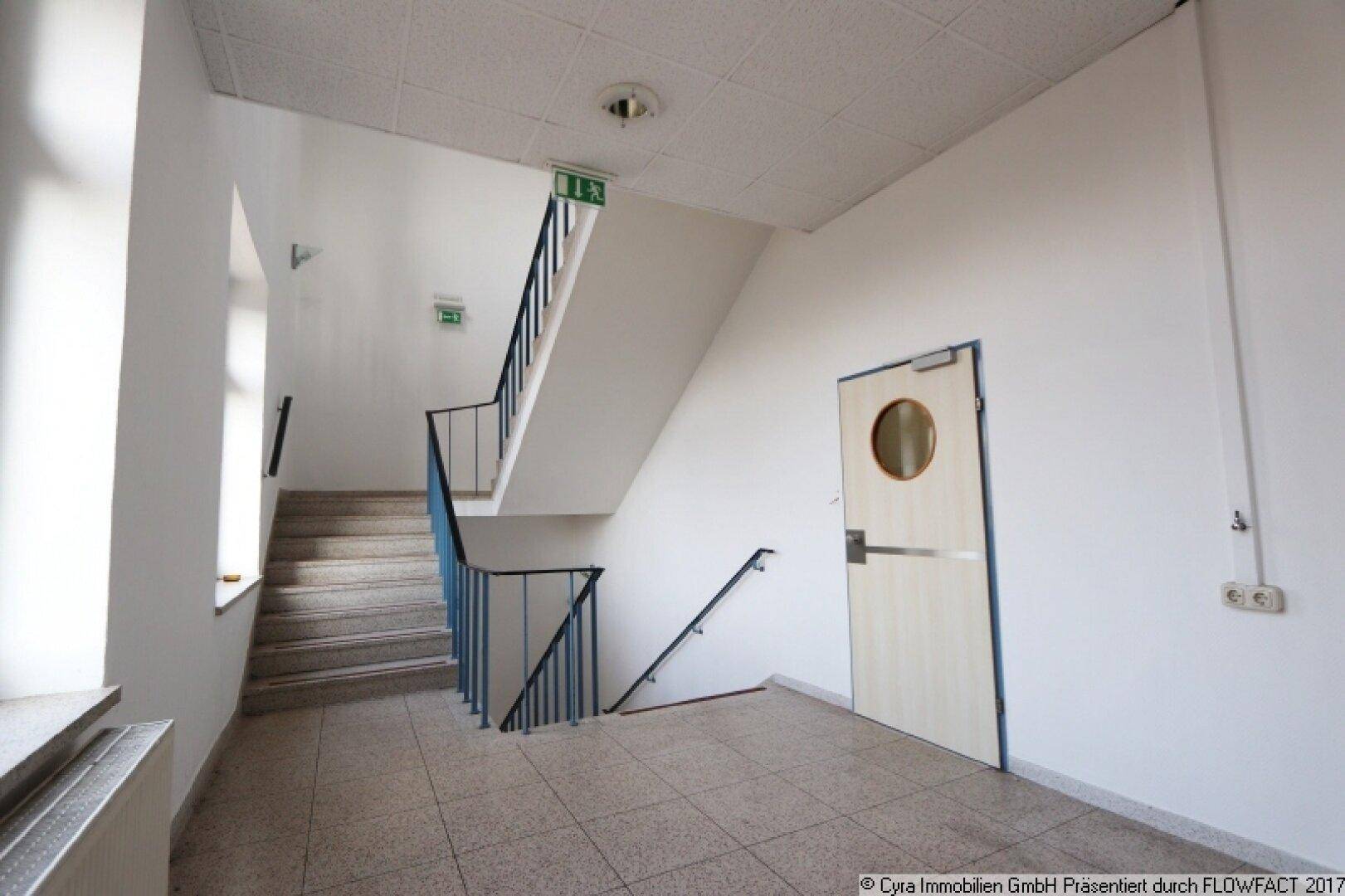 Treppenhaus mit Steinstufen, blauem Geländer und Fliesenboden im Eingangsbereich, gut beleuchtet.