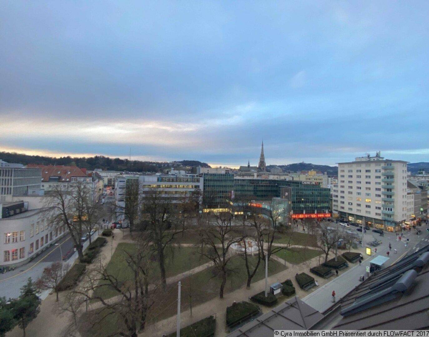 Panoramablick auf die Stadt mit einem Park, modernen Gebäuden und einem Kirchturm unter weitem Himmel.