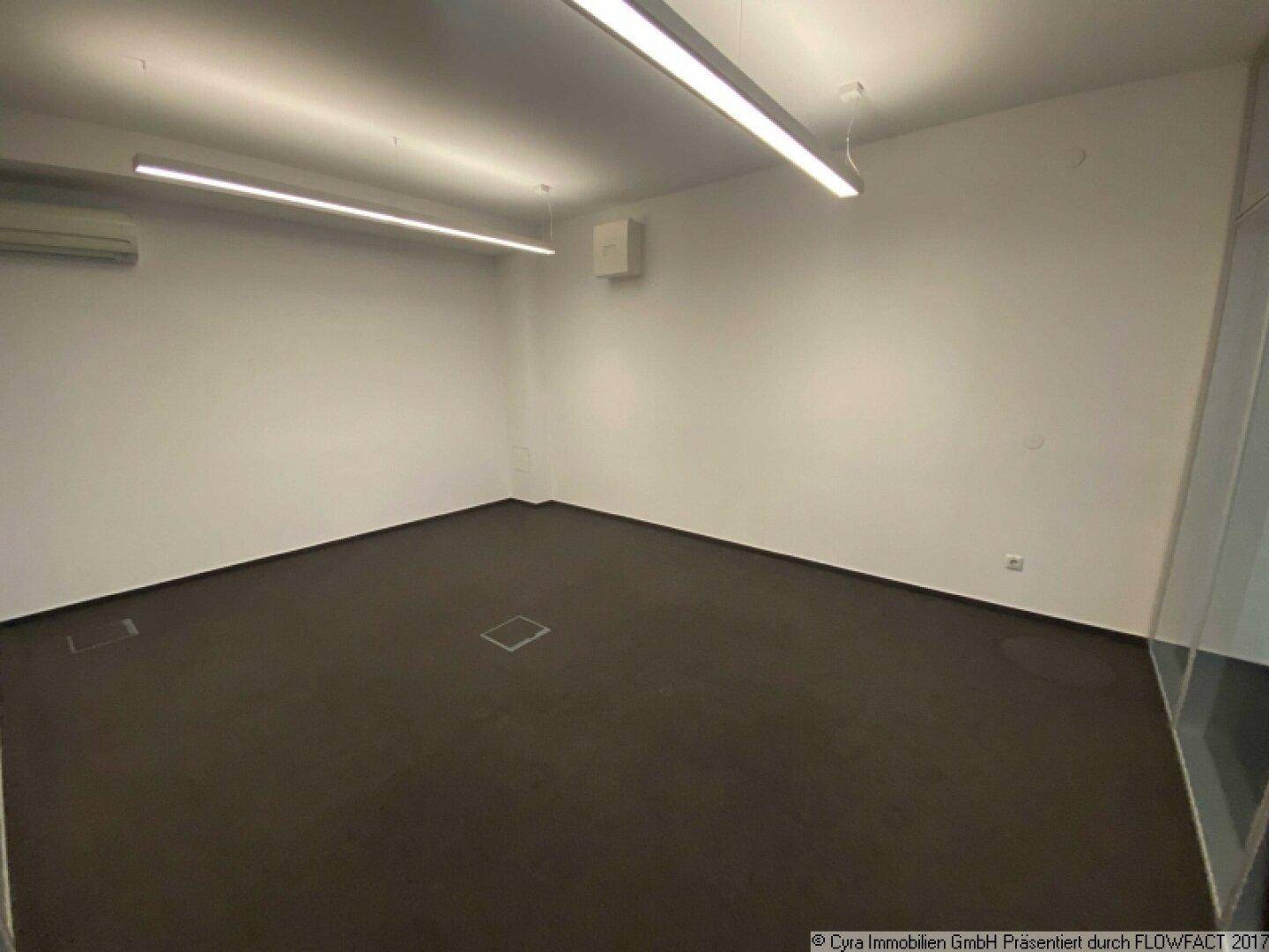 Leerer Büroraum mit dunklem Teppichboden, weißen Wänden und moderner Deckenbeleuchtung.