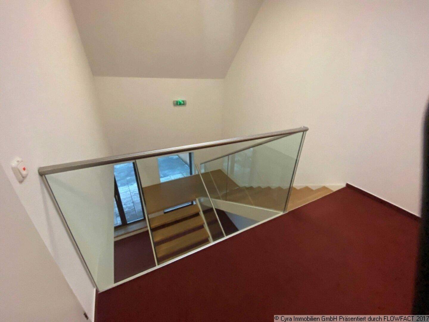 Modernes Treppenhaus mit Holzstufen, Glasgeländer und rotem Teppichboden im Flurbereich.