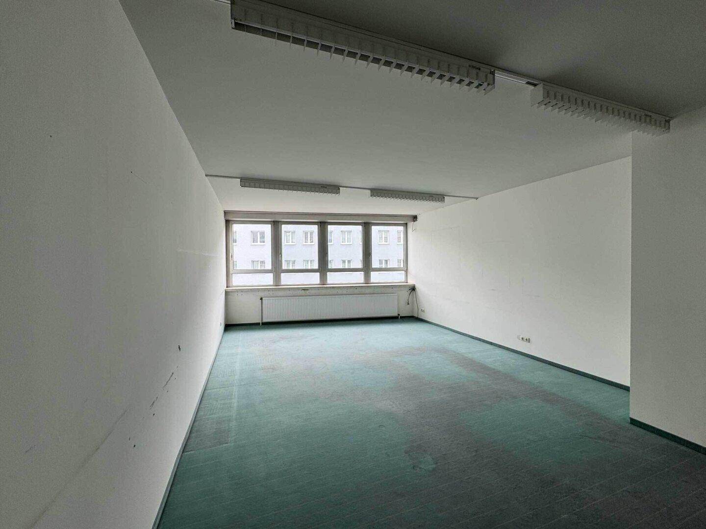 Heller, leerer Raum mit grünem Teppichboden und breitem Fenster, ideal für Büronutzung.