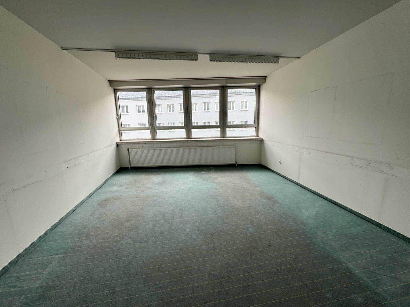 Leerer Raum mit grünem Teppichboden und einem großen Fenster, das viel Tageslicht hereinlässt.