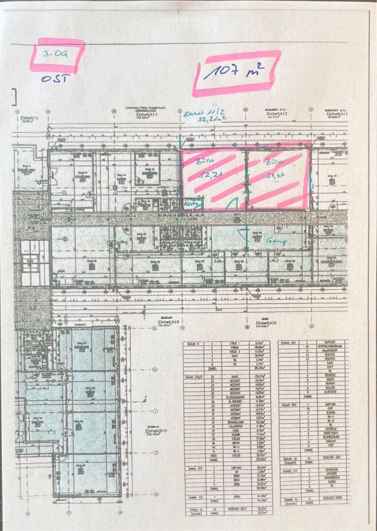 Grundrissplan des dritten Obergeschosses mit hervorgehobenen Büroflächen und Gesamtfläche von 107 m².