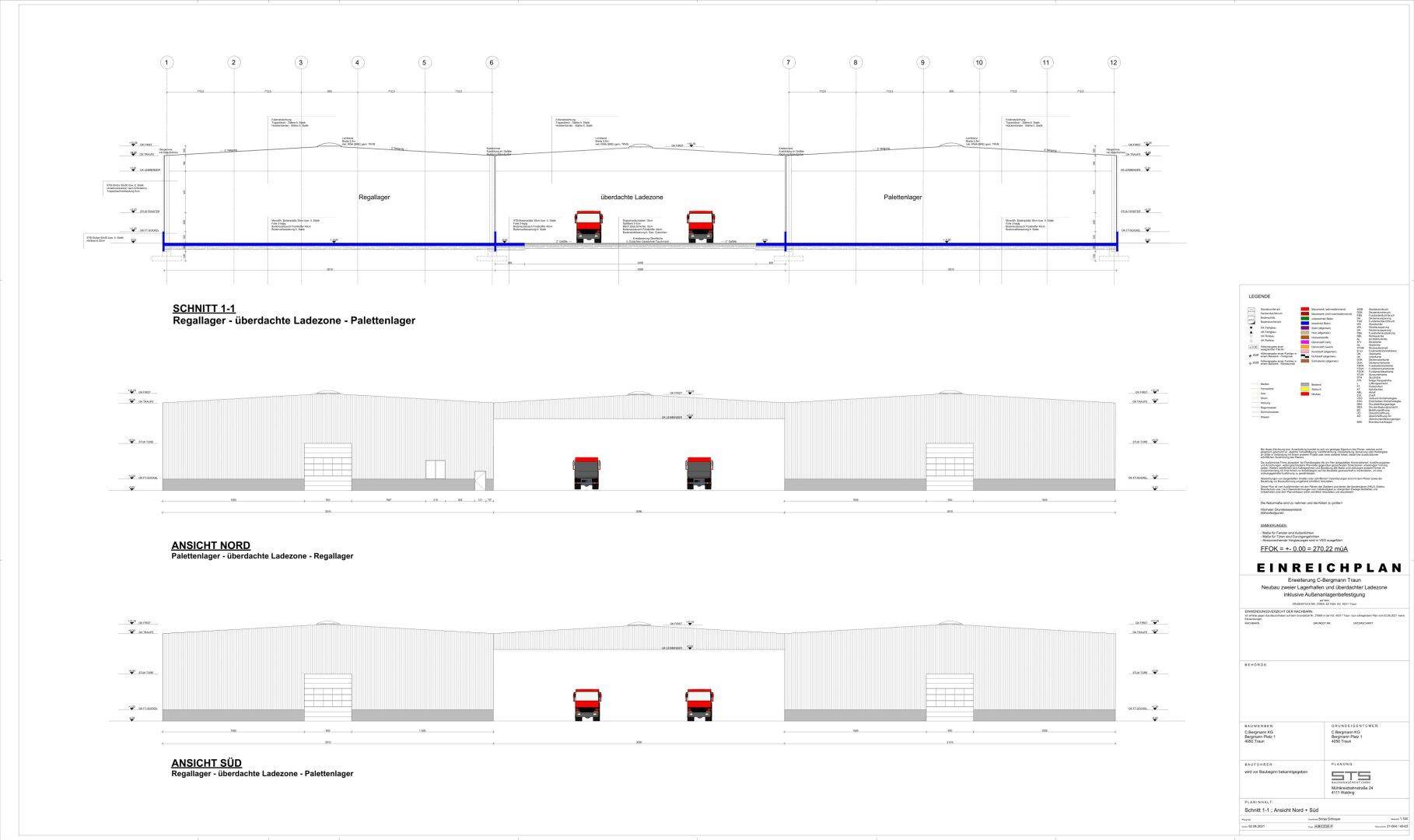 Architektonischer Einreichplan mit Schnitten und Ansichten einer Regallagerhalle, inklusive Ladezonen und Palettenlager.