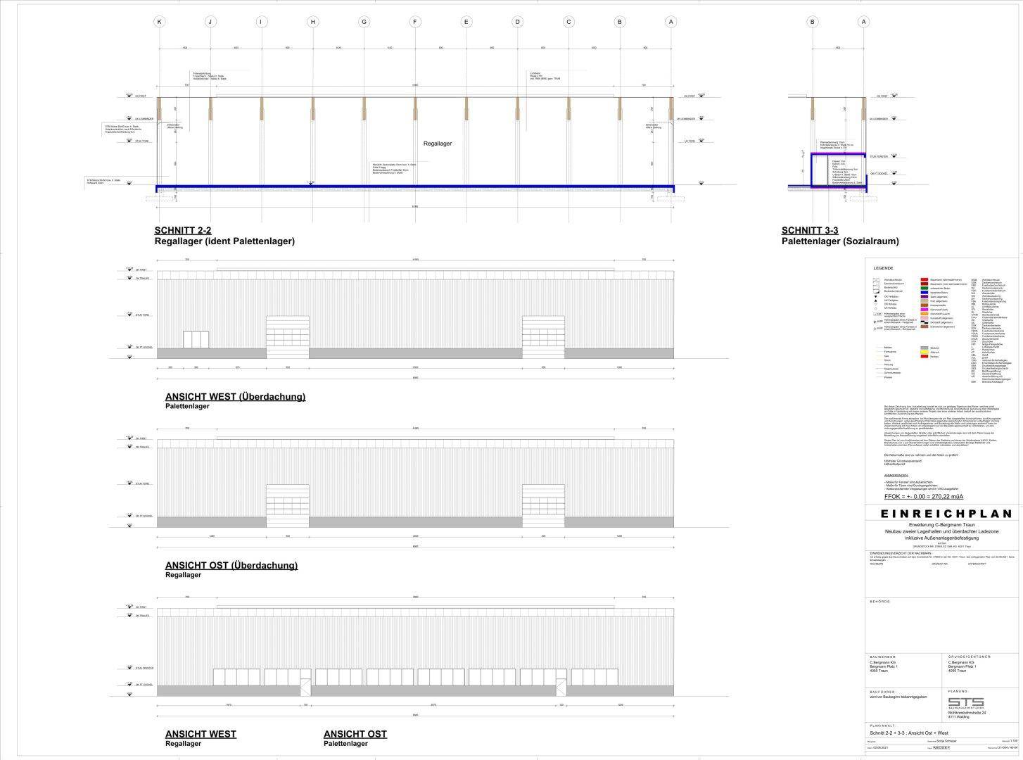 Detaillierter Einreichplan mit verschiedenen Schnitten und Ansichten der Lagergebäude, inklusive Sozialraum und Palettenlager.