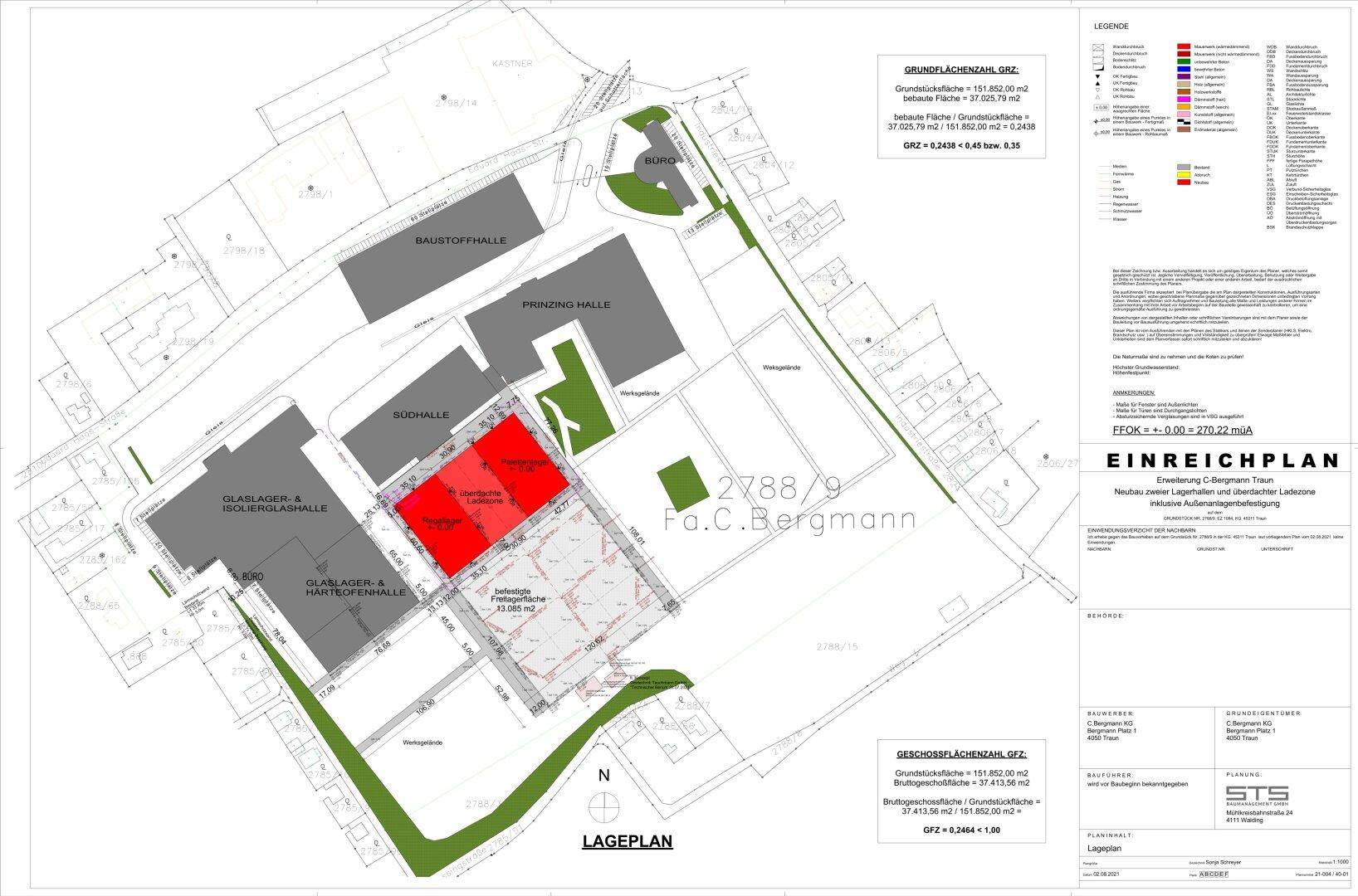 Lageplan des Industriegeländes mit eingezeichneten Hallen, Grundstücksgrenzen und umliegenden Wegen und Grünflächen.