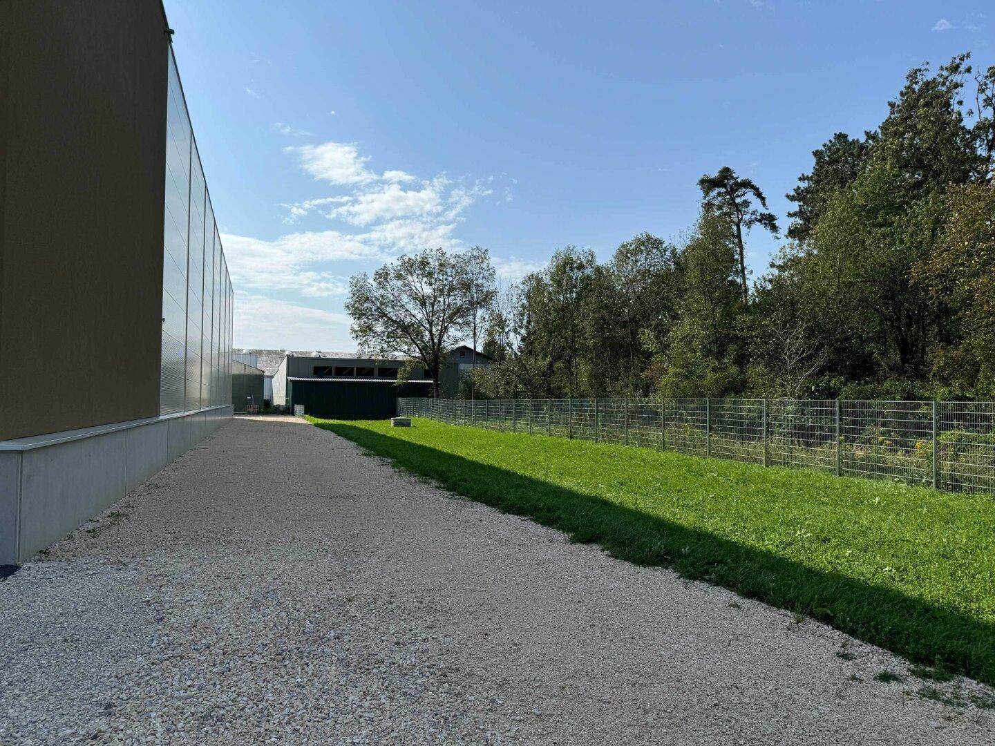 Seitenbereich des Gebäudes mit Schotterweg, Rasenfläche und angrenzendem Wald unter klarem Himmel.