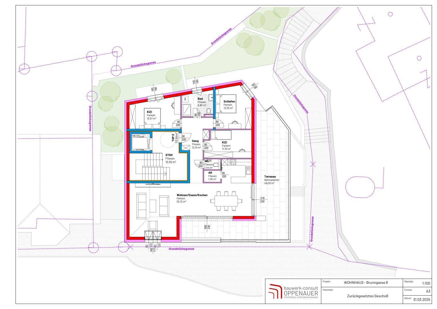 Grundriss des zurückgesetzten Geschosses mit einer großzügigen Wohnung und großer Terrasse.