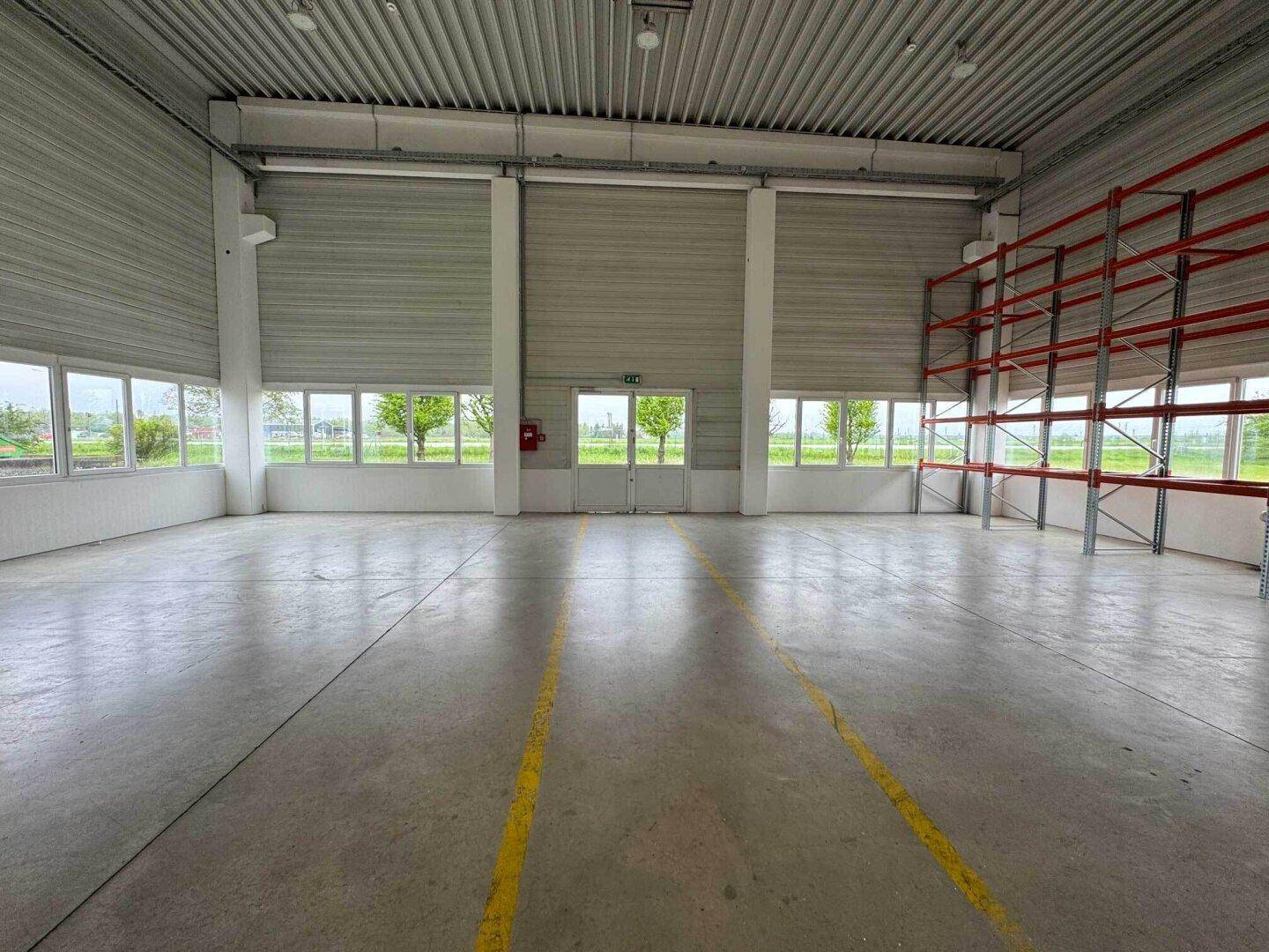 Helle Lagerhalle mit hohen Decken, großen Fenstern und Regalsystemen, die viel Tageslicht hereinlassen.