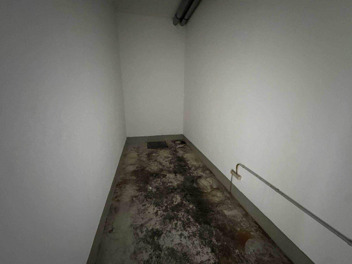 Kleiner Abstellraum mit schmutzigem Betonboden und weißen Wänden, ideal für Lagerzwecke.