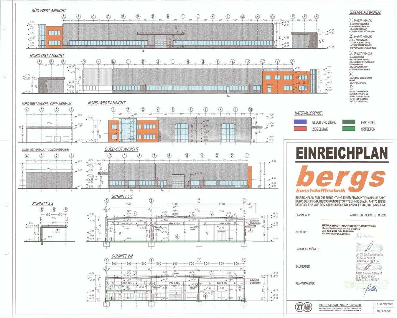 Architektonische Zeichnungen mit verschiedenen Ansichten und Schnitten des Gebäudes.