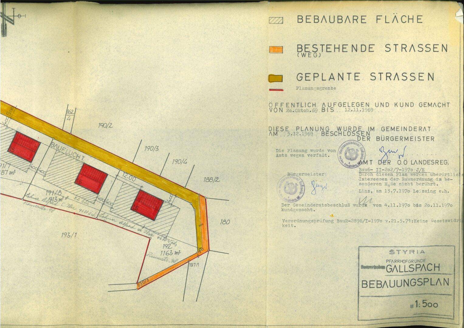 Ausschnitt eines Bebauungsplans mit Legende, geplanten Parzellen und Informationen zur Gemeinde Gallsbach.