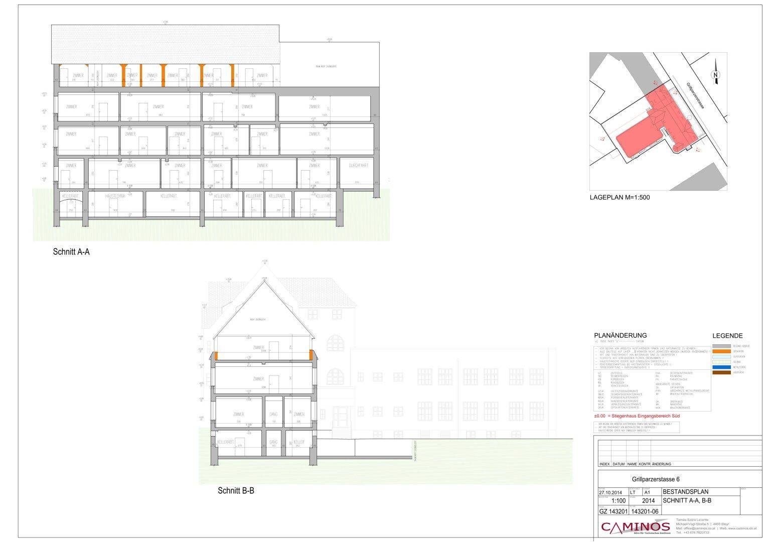 Architektonische Schnitte A-A und B-B, die die vertikale Struktur und Geschosse des Gebäudes zeigen.
