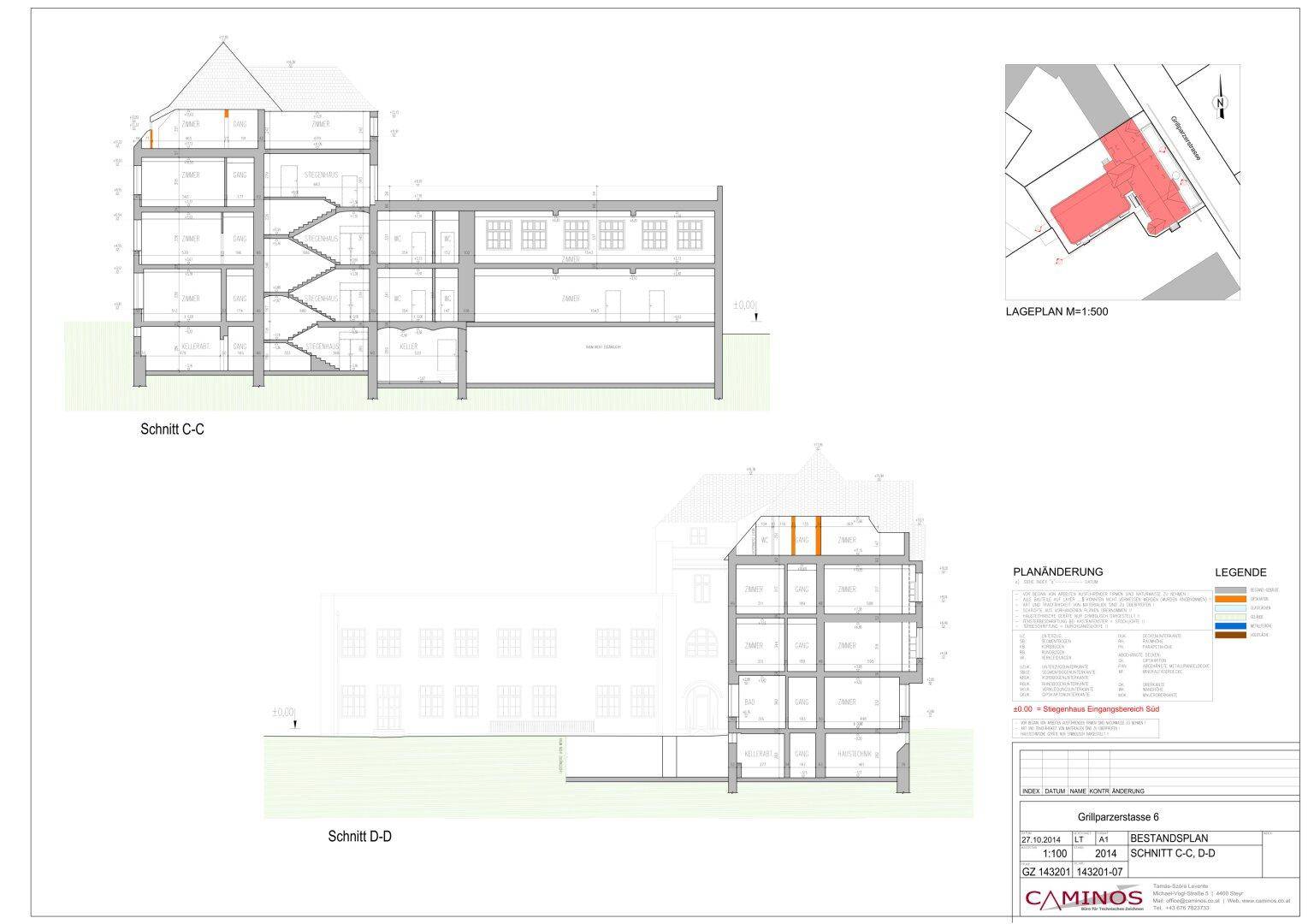Architektonische Schnitte C-C und D-D, die die vertikale Struktur und Geschosse des Gebäudes zeigen.