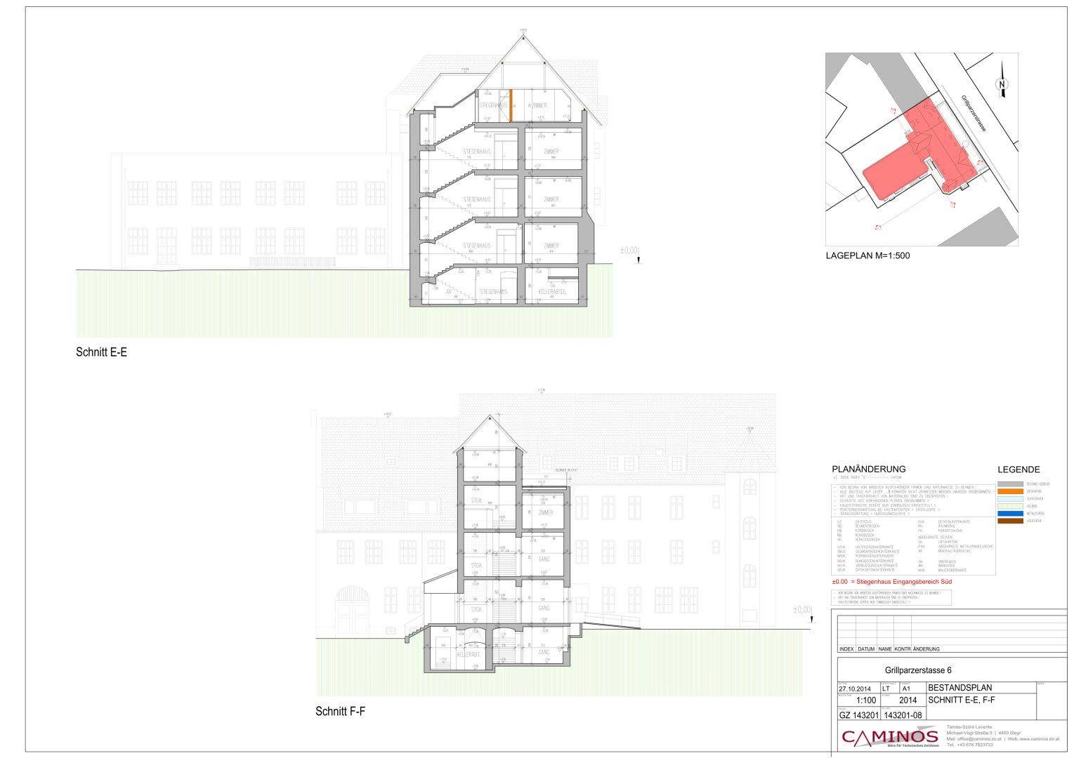 Architektonische Schnitte E-E und F-F, die die vertikale Struktur und Geschosse des Gebäudes zeigen.