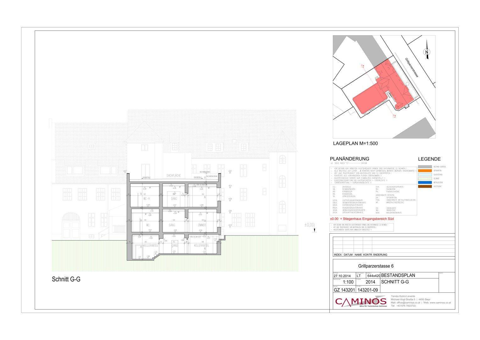 Architektonischer Schnitt G-G und verschiedene Ansichten des Gebäudes von Ost, Süd, West und Nord.