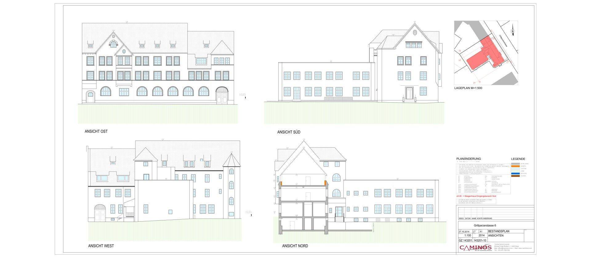 Architektonische Zeichnungen zeigen verschiedene Ansichten eines Bestandsgebäudes sowie einen Lageplan des Grundstücks.