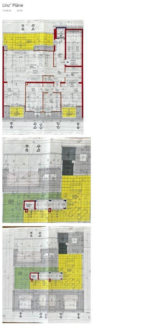 Detaillierte Baupläne zeigen verschiedene Ebenen und Grundrisse einer Immobilie mit Außenbereichen.