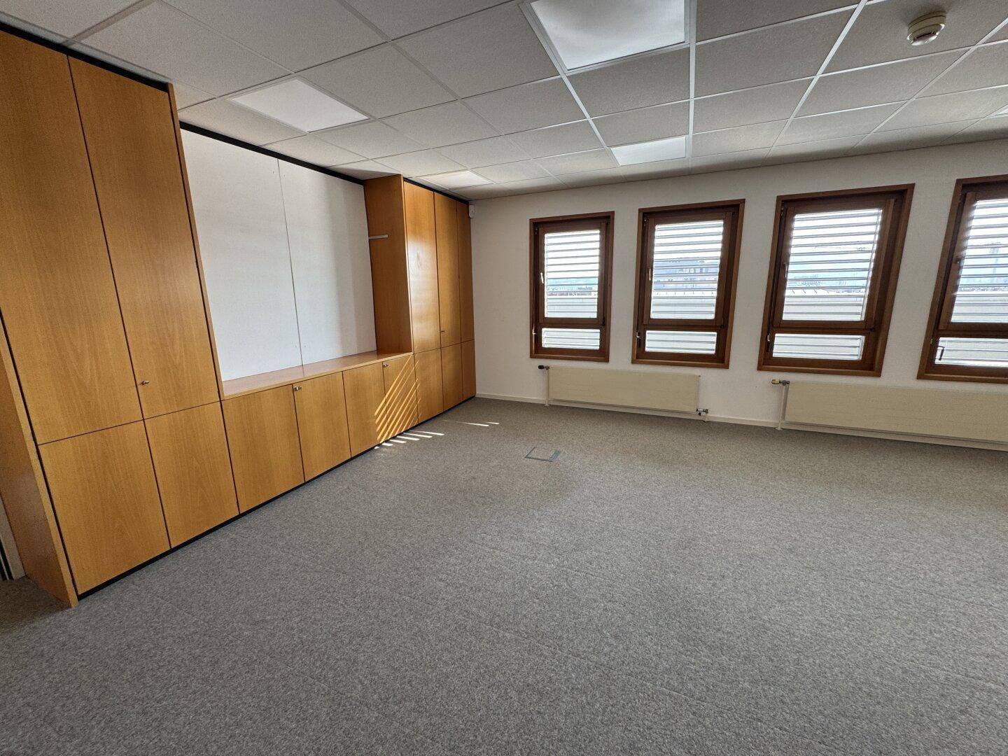 Geräumiges Büro mit Teppichboden, mehreren Fenstern und Einbauschränken, durchflutet von natürlichem Sonnenlicht.
