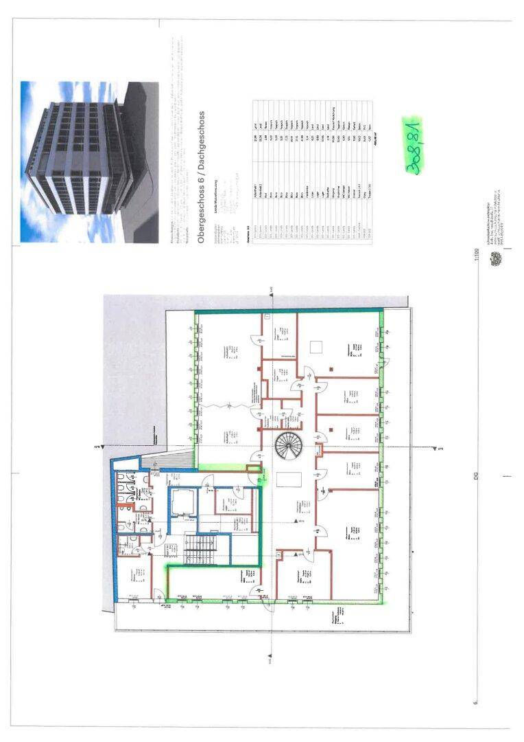 Detaillierter Grundriss eines Obergeschosses mit mehreren Räumen und einer Wendeltreppe.