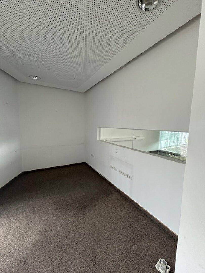 Leeres Büro mit dunklem Teppichboden, weißen Wänden, abgehängter Decke und einer horizontalen Fensteröffnung.