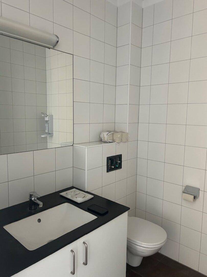 Modernes Badezimmer mit weißen Fliesen, wandhängender Toilette, Waschbecken und einem großen Spiegel.