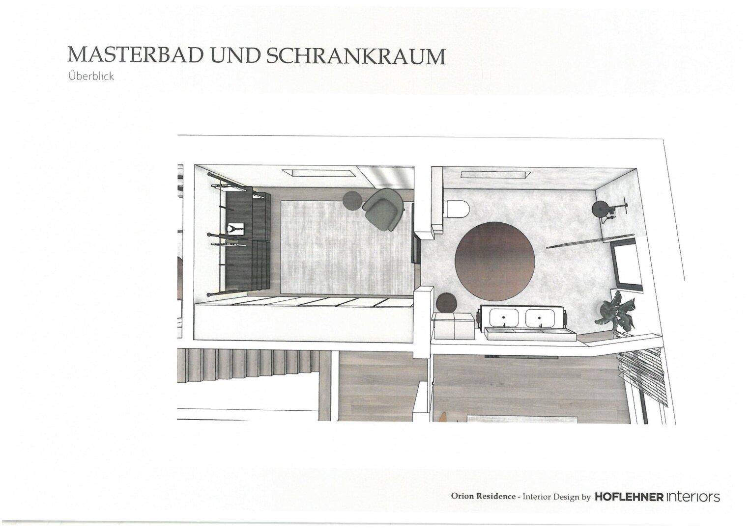 Grundriss des Masterbads und des angrenzenden Schrankraums mit moderner Einrichtung.