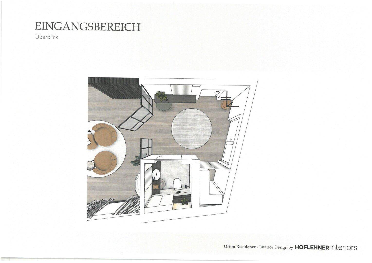 Grundriss des Eingangsbereichs mit Garderobe, Sitzgelegenheiten und angrenzendem WC.