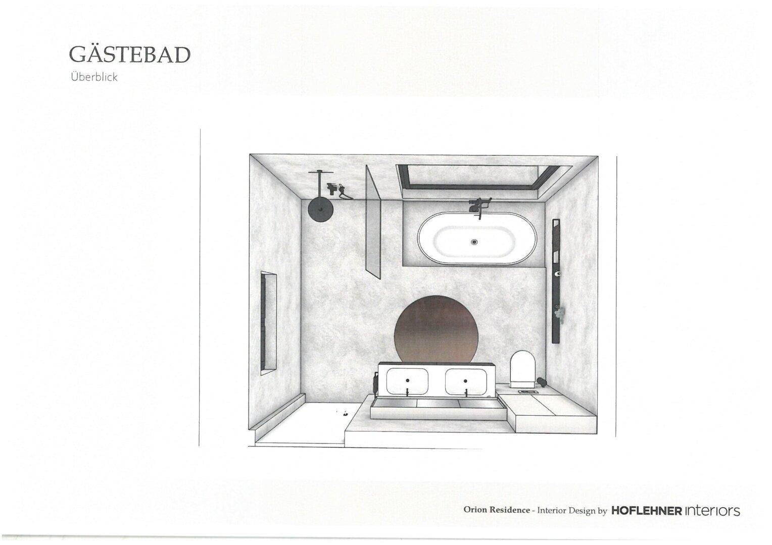 Grundriss des Gästebads mit Doppelwaschbecken, freistehender Badewanne und separater Dusche.